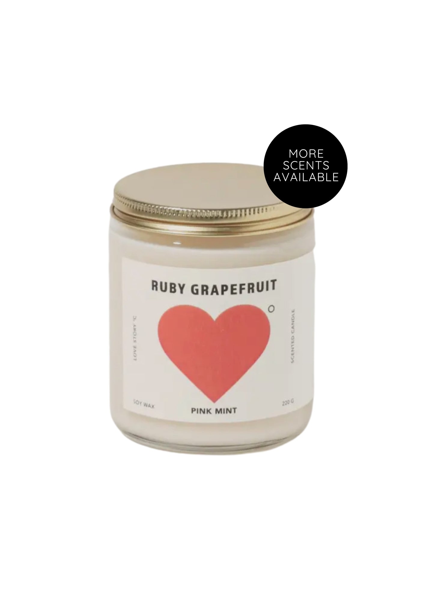 Pinkmint - Ruby Grapefruit Candle in jar with gold lid. White label with peach heart and black text.