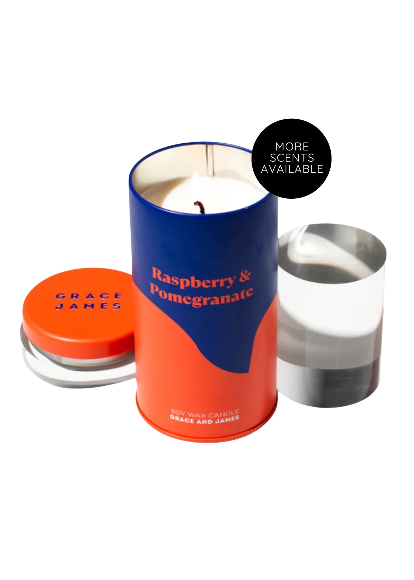 Grace and James Soy Wax Candle - Raspberry and Pomegranate. Tin container with Deep Blue and Orange colour palette.