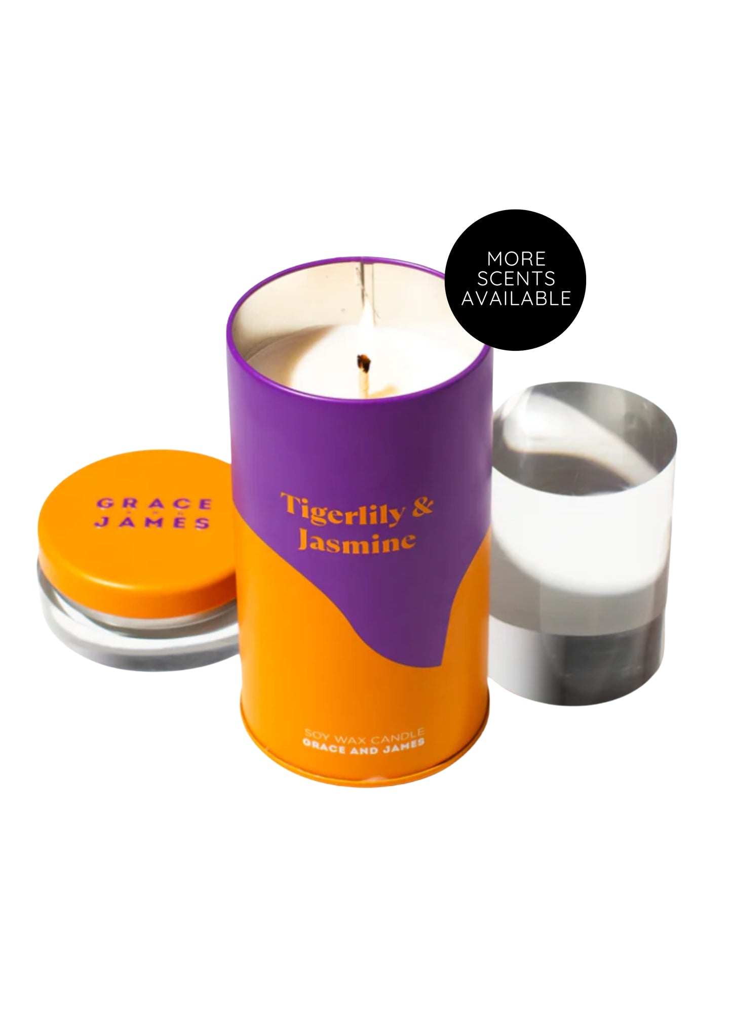 Grace and James Soy Wax Candle - Tigerlily and Jasmine. Tin container with Orange and Purple colour palette.