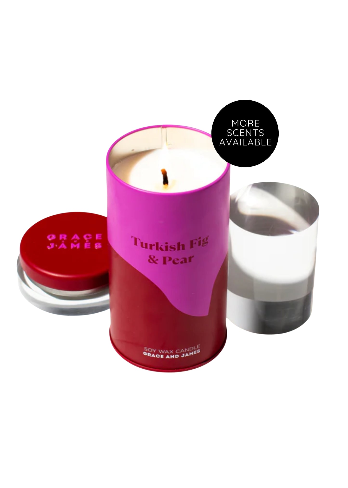 Grace and James Soy Wax Candle - Turkish Fig and Pear. Tin container with Magenta and Red colour palette.