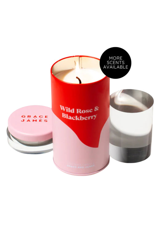 Grace and James Soy Wax Candle - Wild Rose and Blackberry. Tin container with Red and Light Pink colour palette.