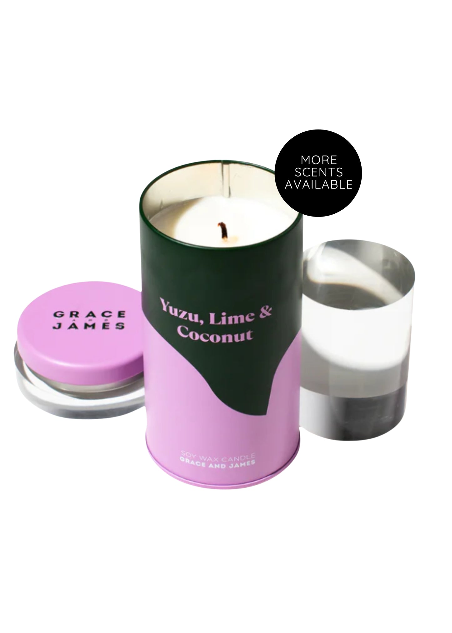 Grace and James Soy Wax Candle - Yuzu, Lime and Coconut. Tin container with Forest Green and Lilac colour palette.